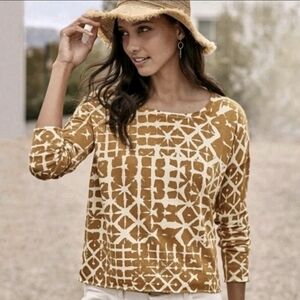 Garnet Hill Silk Cotton Boxy Batik Sweater Gold/Cream Geometric Lightweight Sz M